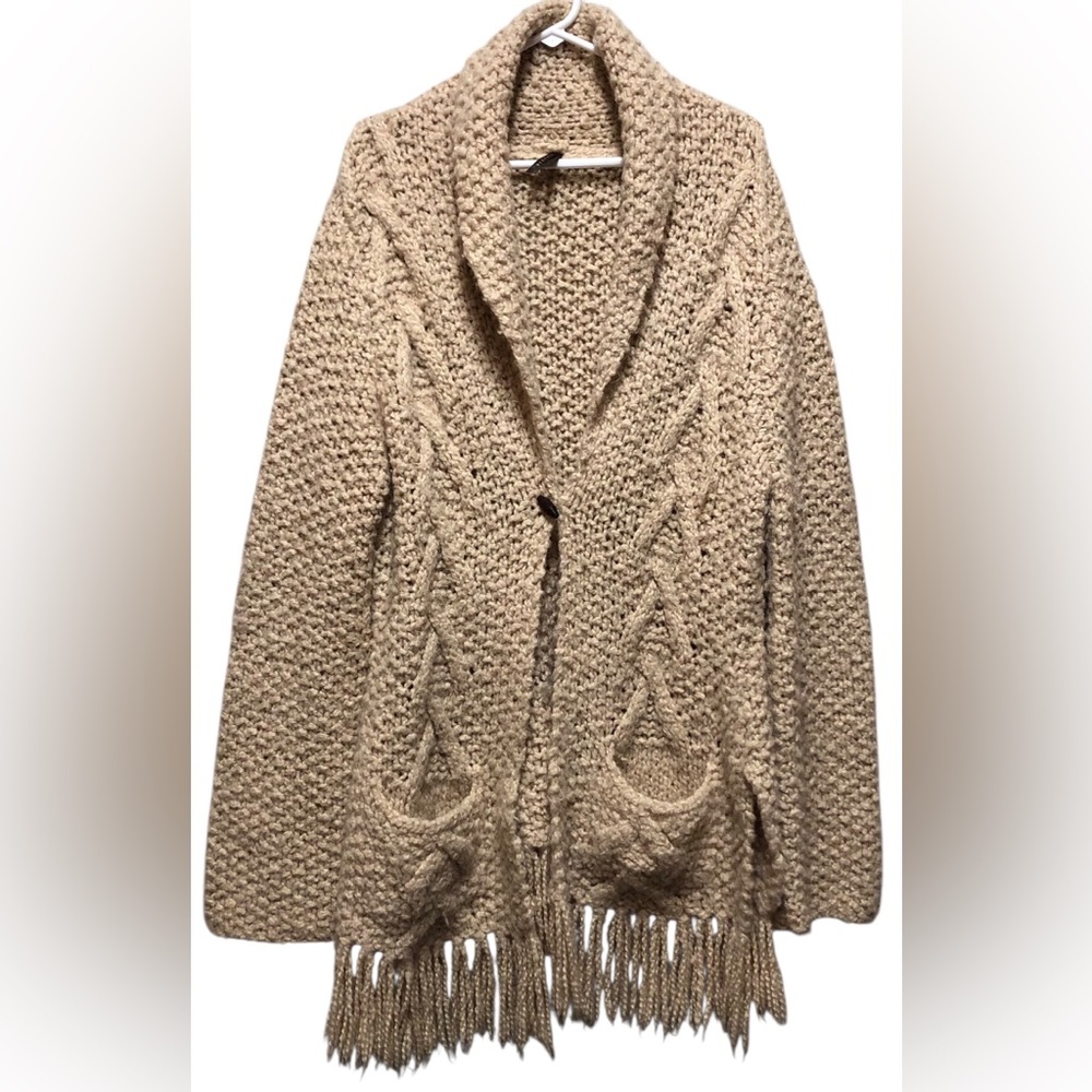 STETSON WOOL LARGE Size Elegant Cream Knit Cardigan Sweater,Chunky,Fringed Hem